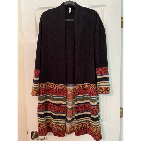 Beeson River Sweaters - Beeson River Sweater Cardigan Long Navy Geometric Design Stripe Size Small Open